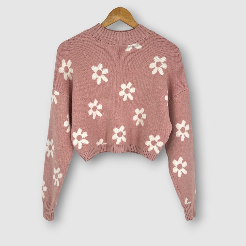Hollister Floral Cropped Knit Sweater Pink Daisy Size Small